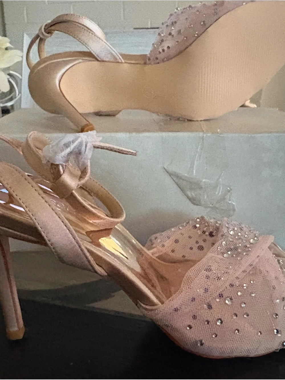 Embellished Blush Satin Ankle-Strap Heels